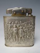 SILVER CASED TABLE LIGHTER WITH EMBOSSED SCENES OF CAVALIER SOLDIERS, with Amsterdam assay marks,