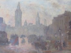 (XIX). Misty town street scene with horses, carriage and figures, unsigned, bears name F.M. Bell-