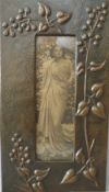 A 19TH CENTURY ART NOUVEAU DECORATIVE COPPER FRAME, site size 27 x 8 cm, outer frame size 42 x 24