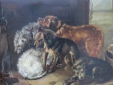 (XIX). British school, a barn interior with a number of dogs by a fire 'A Fireside Party', inscribed