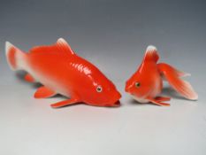 A NORITAKE PORCELAIN FIGURE OF A KOI CARP, approx L 26 cm, together with a smaller Noritake figure