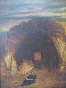 (XVIII-XIX). Continental school, twilight landscape with monk reading before a ruined arch,