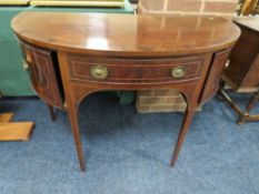 A 19TH CENTURY MAHOGANY DEMI-LUNE SIDEBOARD BY HOLLAND & SON, having satinwood and ebony string