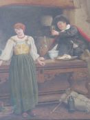 SIR JAMES DROMGOLE LINTO (1840-1916). Interior kitchen scene with kitchen maid and gentleman