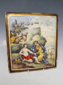 AN 18TH CENTURY PORCELAIN PLAQUE DEPICTING FIGURES, gilt banding, 23.5 x 21.5 cm, S/D