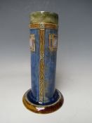 A ROYAL DOULTON STONEWARE GLAZED POTTERY CYLINDRICAL FOOTED VASE, impressed mark to base, approx H
