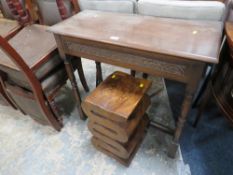 A SINGLE DRAWER SIDE TABLE WITH AN UNUSUAL STOOL? (2)