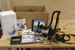 A BOX OF ASSORTED HOUSEHOLD ITEMS TO INCLUDE A GOOGLE HOME ETC...