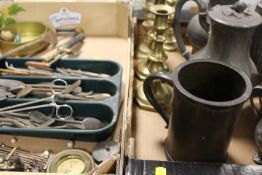 TWO TRAYS OF ASSORTED METALWARE TO INCLUDE A BRONZE TANKARD WITH CROWN STAMP AND 'RWR' PLUS