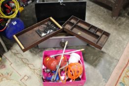 A STEEL TOOLBOX WITH VARIOUS ENGINEERING TOOLS TOGETHER WITH A SELECTION OF AIR TOOLS