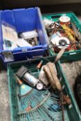 THREE BOXES CONTAINING VARIOUS WORK TOOLS, HARDWARE AND GARDENING TOOLS