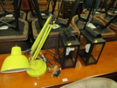 A MODERN YELLOW ANGLEPOISE LAMP & TWO LANTERN STYLE LAMPS (3)