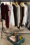 A RAIL OF ASSORTED EX SHOW HOME DISPLAY CLOTHING TOGETHER WITH BOX OF ASSORTED NEW FOOTWEAR