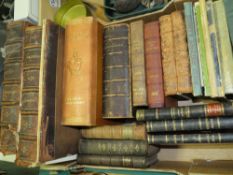 A TRAY OF ANTIQUARIAN BOOKS TO INCLUDE SHAKESPEARE, CHURCH SERVICES ETC