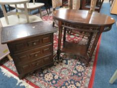 AN ANTIQUE MAHOGANY OVAL TABLE A/F AND A THREE DRAWER CHEST (2)