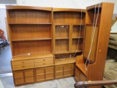 A LARGE RETRO TEAK THREE PIECE DISPLAY CABINET