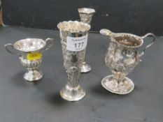 A COLLECTION OF HALLMARKED SILVER COMPRISING TWO BUD VASES, SMALL JUG AND A CAMPANA URN SHAPED