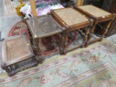 FOUR ASSORTED VINTAGE BERGERE OAK STOOLS (4)