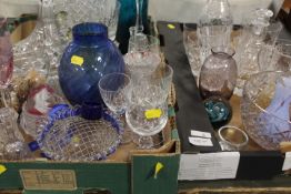 TWO TRAYS OF ASSORTED GLASSWARE TO INCLUDE VARIOUS CUT GLASS ITEMS, DECANTERS, CAITHNESS EXAMPLES