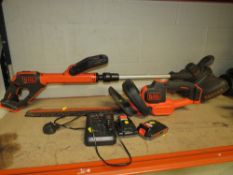 A BLACK & DECKER 18V CORDLESS STRIMMER TOGETHER WITH A CORDLESS HEDGE TRIMMER CHARGER AND BATTERY