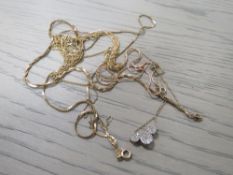 A COLLECTION OF MOSTLY 9 CT GOLD CHAINS WITH ONE DIAMOND SET - APPROXIMATELY 11.5 G