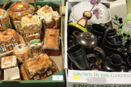 A TRAY OF ASSORTED COTTAGEWARE TOGETHER WITH A TRAY OF CERAMICS TO INCLUDE PRINKNASH POTTERY ITEMS