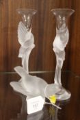 A PAIR OF IGOR CARL FABERGE OPALESCENT AND CLEAR GLASS CANDLESTICKS, late 20th century, the