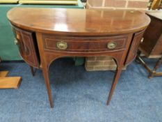 A 19TH CENTURY MAHOGANY DEMI-LUNE SIDEBOARD BY HOLLAND & SON, having satinwood and ebony string