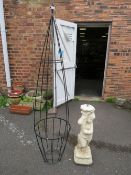 A PLANT CLIMBING FRAME AND A CHERUB BIRD BATH BASE (2)