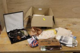 A BOX OF VINTAGE COSTUME JEWELLERY AND SCARVES HANDKERCHIEFS ETC...