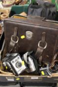 A TRAY OF ASSORTED CAMERAS AND ACCESSORIES ETC TO INCLUDE A PAXETTE IN FITTED TRAVEL CASE
