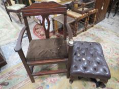 A VINTAGE ARMCHAIR & A LEATHER FOOTSTOOL (2)