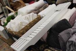 THREE TRAYS OF EX SHOWHOME DISPLAY TOWELS AND BATHROOM ACCESSORIES TO INCLUDE FAUX PLANTS, CORAL