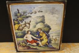 AN 18TH CENTURY PORCELAIN PLAQUE DEPICTING FIGURES, gilt banding, 23.5 x 21.5 cm, S/D