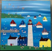 XXI) GORDON BARKER - A MODERN ACRYLIC BOX CANVAS PAINTING 'SEASIDE KITES'