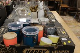 THREE TRAYS OF SHOW HOME KITCHEN ACCESSORIES TO INCLUDE STORAGE JARS, DINNERWARE, CUTLERY ETC