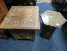 A SMALL EASTERN HEXAGONAL TABLE AND A CARVED HARDWOOD CABINET (2)