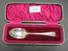 A CASED HALLMARKED SILVER SPOON - SHEFFIELD 1909, makers mark for J.R, probably John Round and Son