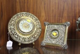 A LATE 19TH /EARLY 20TH CENTURY FRENCH BRASS EASEL BACK MANTEL CLOCK WITH PIERCED DECORATION, the