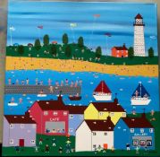 XXI) GORDON BARKER - A MODERN ACRYLIC BOX CANVAS PAINTING 'ON OUR HOLIDAYS'