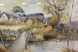 A FRAMED AND GLAZED PAINTING OF A LAKE SCENE WITH FOOTBRIDGE AND BUILDINGS BEYOND TOGETHER WITH ANOT