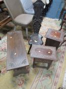 A CARVED SPINNING STOOL WITH TWO CARVED OCCASIONAL TABLES AND A STOOL (4)