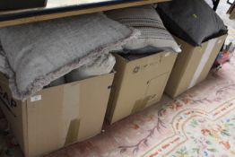 THREE BOXES OF EX SHOW HOME CUSHIONS, VARIOUS SIZES AND DESIGNS