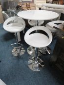 A MODERN WHITE GLOSS BISTRO TABLE WITH FOUR ADJUSTABLE STOOLS