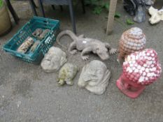 A COLLECTION OF ASSORTED GARDEN ORNAMENTS TO INCLUDE TWO BUDDHA HEADS ( NOT STONE ) FACES MASKS