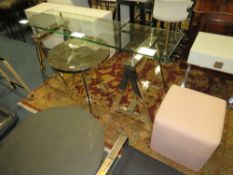 A CHROMED OCCASIONAL TABLE WITH A GLASS CONSOLE TABLE & A CUBE STOOL