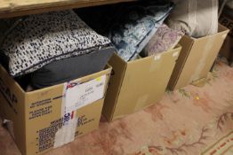 THREE BOXES OF EX SHOW HOME CUSHIONS, VARIOUS SIZES AND DESIGNS