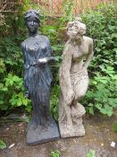 TWO STONE FIGURATIVE FEMALE GARDEN STATUES H-86 CM TALLEST