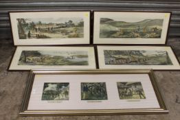 FOUR VINTAGE FRAMED & GLAZED SHOOTING THEMED PRINTS TOGETHER WITH A LARGER 'GOING TO MARKET'