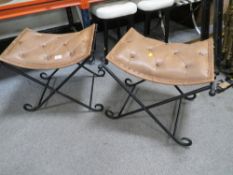A PAIR OF MODERN X FRAME STOOLS WITH LEATHER EFFECT TOPS (2)